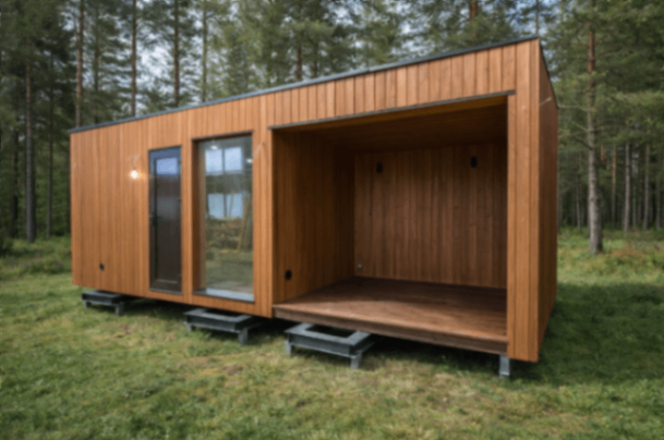 attēls, kurā attēlota koka moduļu māja