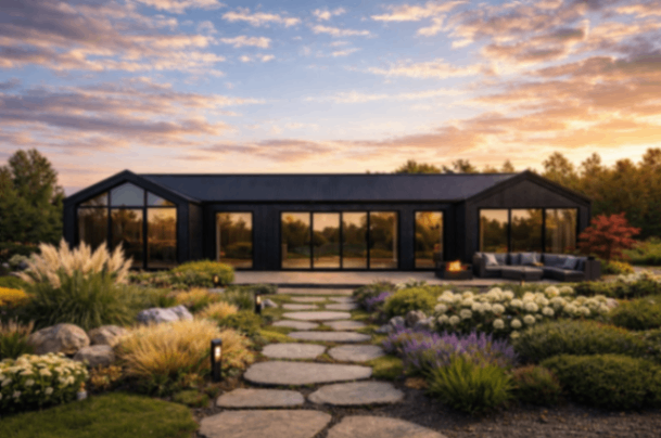 attēls, kurā attēlota koka moduļu māja