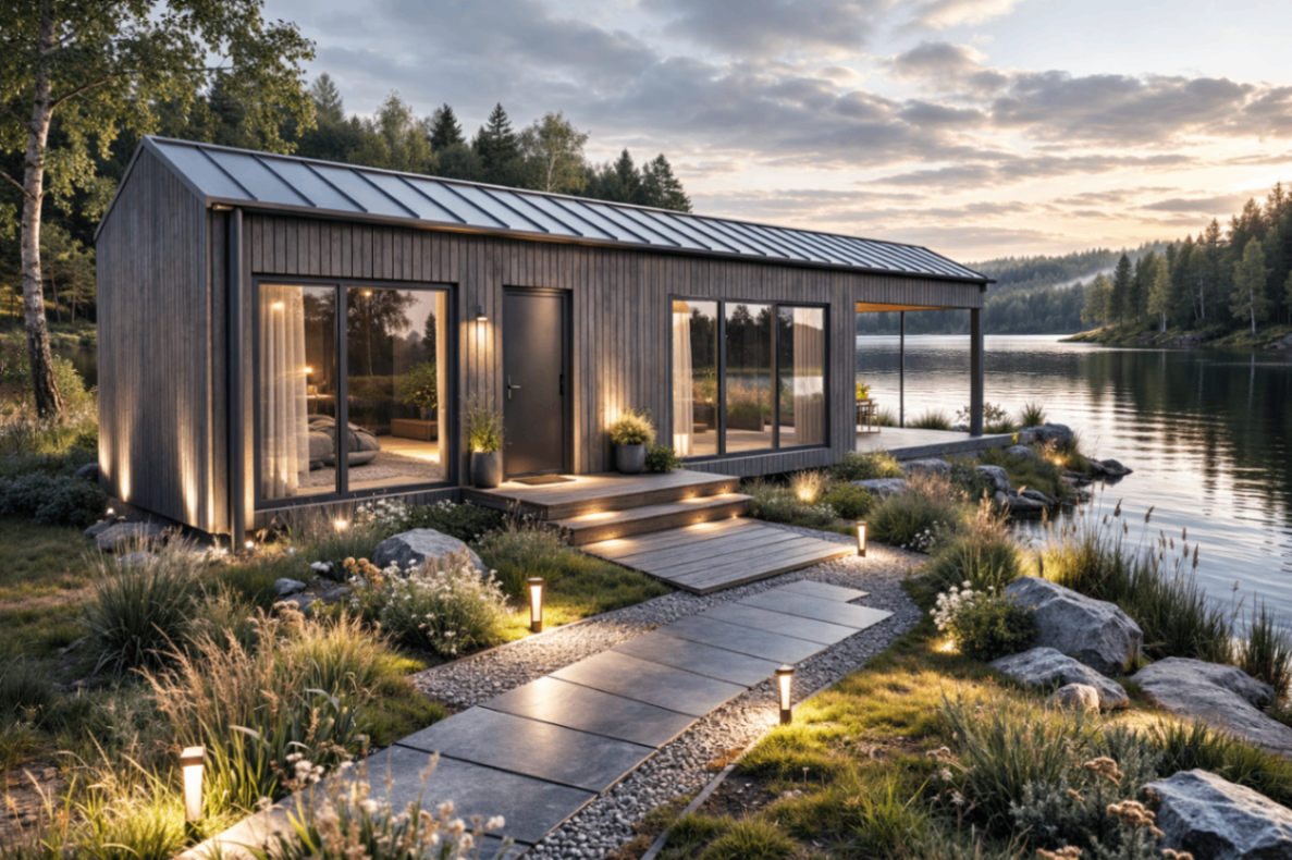 attēls, kurā attēlota koka moduļu māja